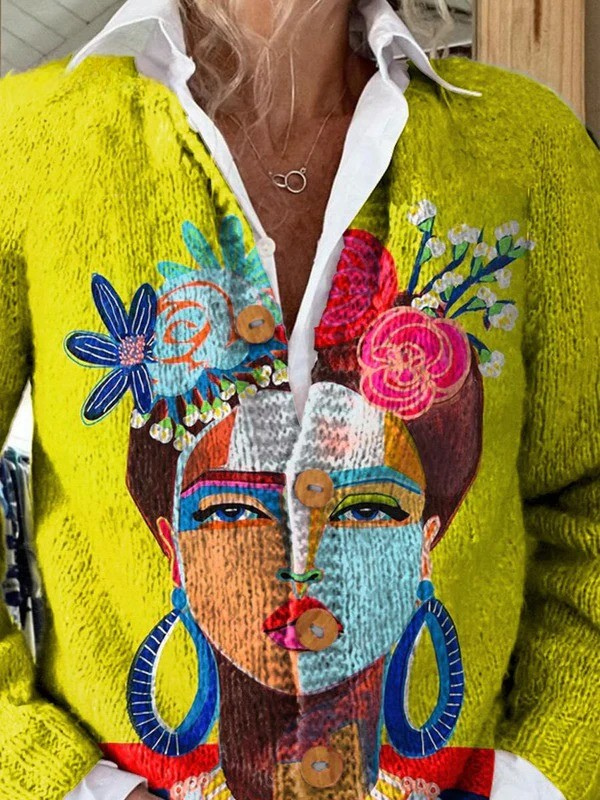 Oil Painting Freda Portrait Art Printed Buttoned Cardigan Sweater